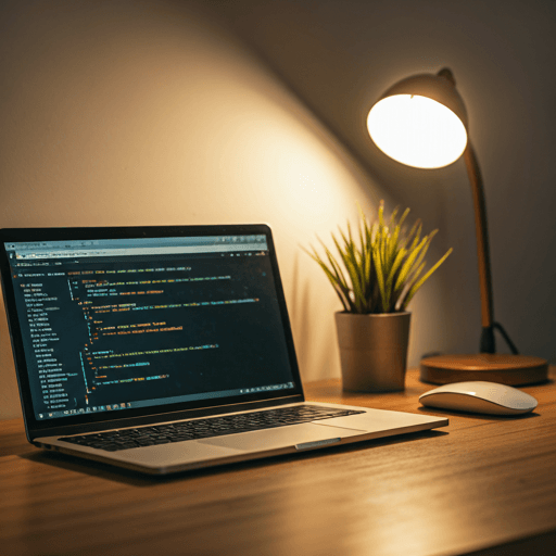 Modern workspace with laptop displaying code and a warm desk lamp